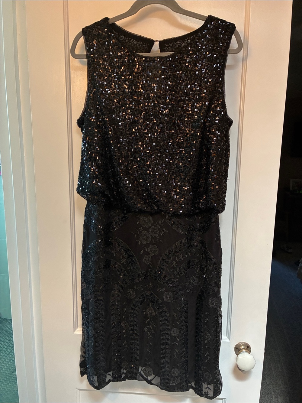 R&M Richards Black Sequin Bodice Lace-Patterned Midi Dress